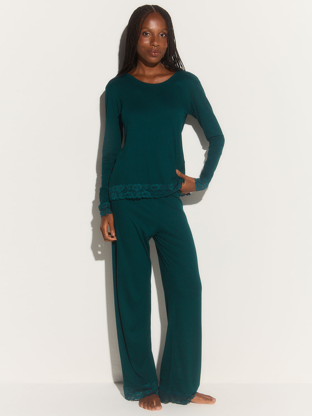 Pijama Longo Manga Longa Ribana Luna Verde Pine