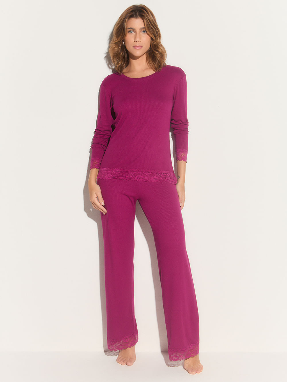 Pijama Longo Manga Longa Ribana Luna Vinho Raspberry Radiance