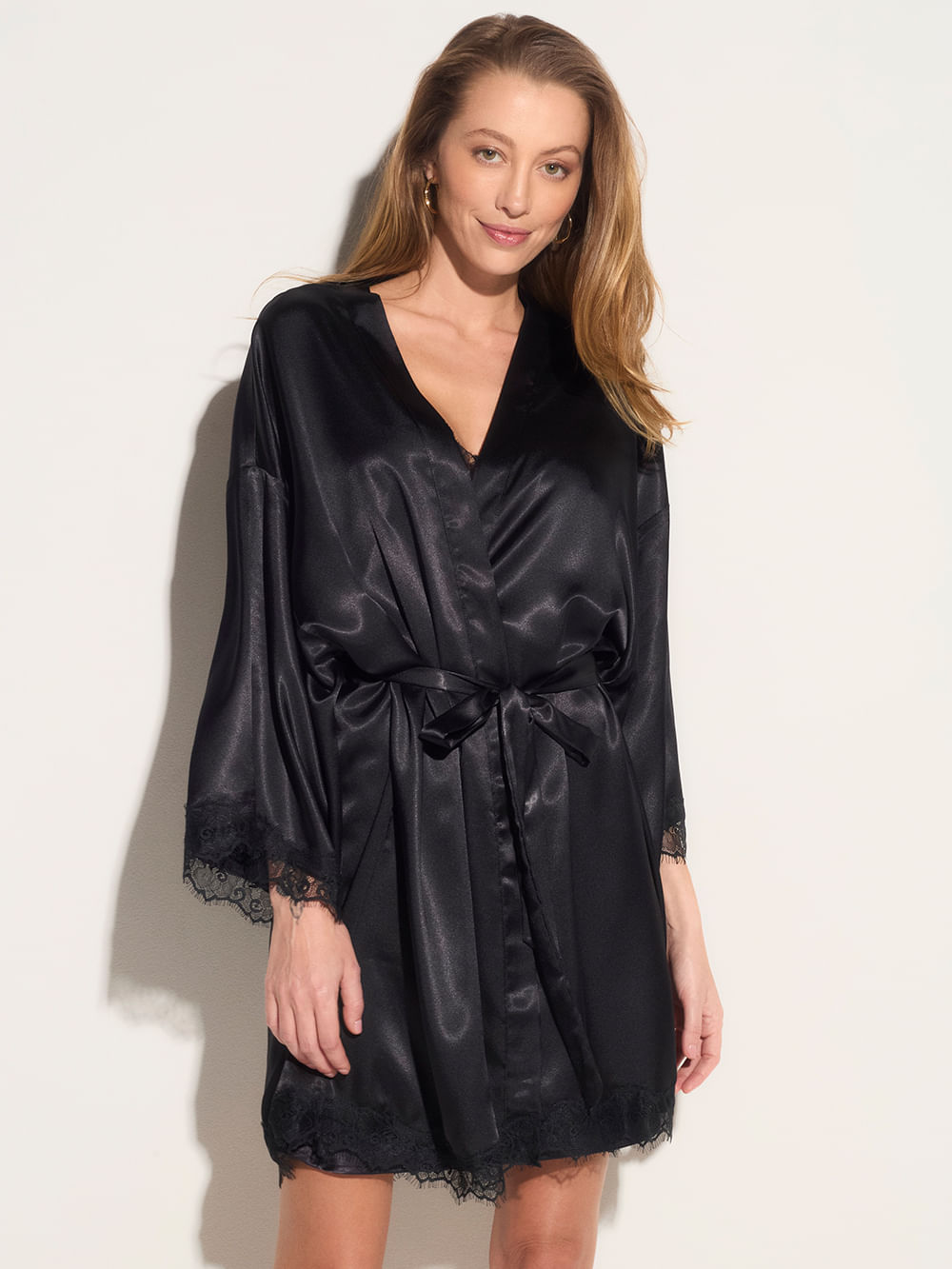 Kit Camisola e Robe Cetim Renda Angelina Preto