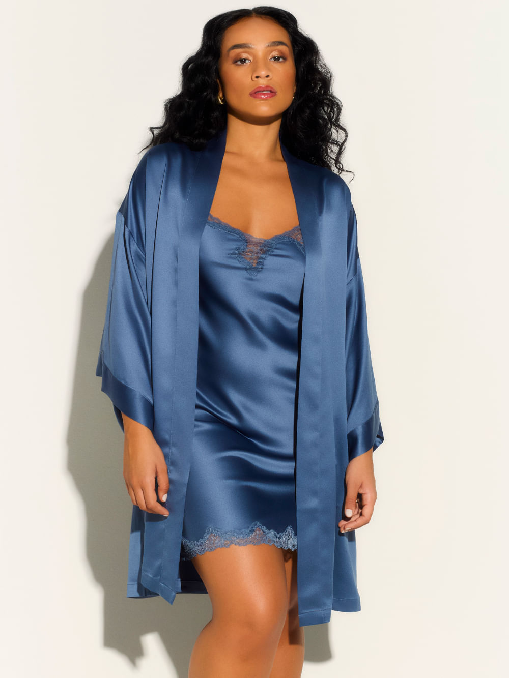 Kit Camisola e Robe Cetim Bella Luna Azul Vintage Indigo