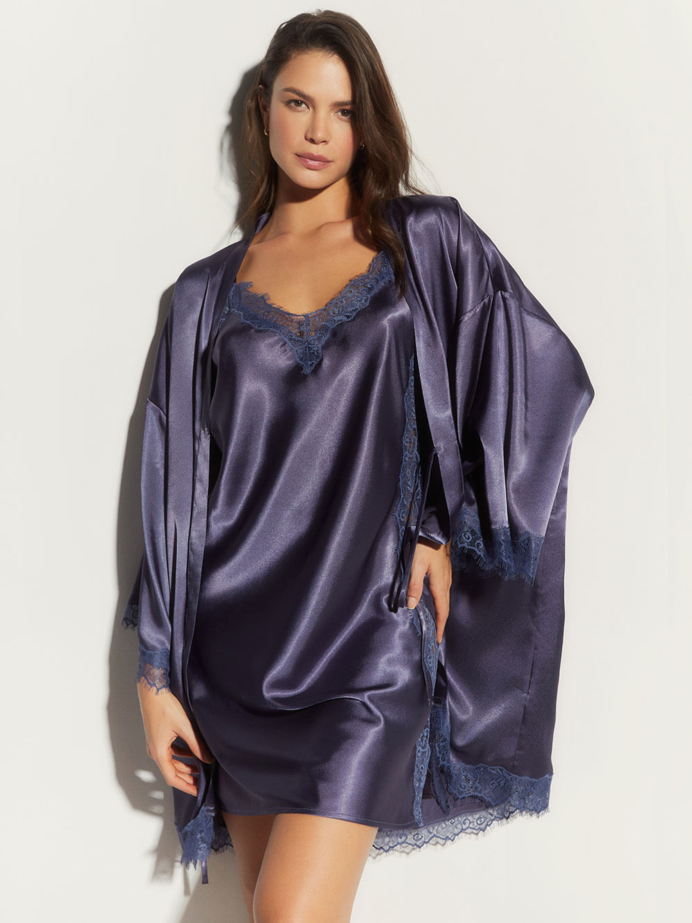 Kit Camisola e Robe Cetim Renda Angelina Azul Jeans